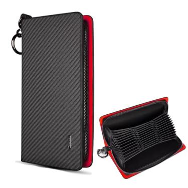Imagem de T-carbon Porta-cartão de crédito com zíper, carteira com bloqueio de RFID para homens e mulheres, porta-cartões de visita de couro de fibra de carbono, 36 compartimentos para cartões vermelhos