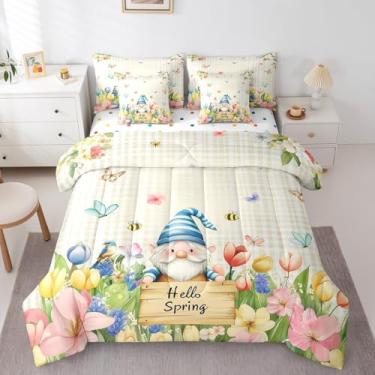 Imagem de Erosebridal Jogo de cama de solteiro com estampa de gnomo de primavera, 7 peças, para crianças, meninos, meninas, borboleta, abelha, jardim, jardim e edredom