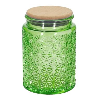 Imagem de 1 pote de vidro vintage Starlit Glow com tampa hermética de bambu, recipiente de armazenamento de cozinha para açúcar, café, biscoitos, sal de banho - Pote decorativo para despensa e balcão (1, verde