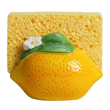 Imagem de SOCOSY Suporte de esponja em forma de flor branca de limão de cerâmica para pia de cozinha, organizador compacto para pia de pia, almofada de limpeza e suporte de esponja de prato