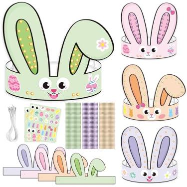 Imagem de CY2SIDE Conjunto de 72 peças de papelaria de ovos de coelho da Páscoa cristãos, faça suas próprias coroas de papel de coelho com adesivos de diamante para crianças, lembrancinhas de festa de Páscoa