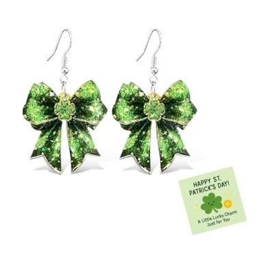 Imagem de Brincos de Dia de São Patrício, brincos de trevo de laço de glitter verde com cartão de presente, brincos irlandeses de acrílico para mulheres, acessórios para o dia de São Patrício, camisola, suéter
