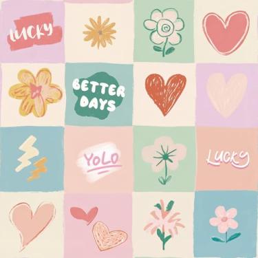 Imagem de VaryFloral Papel de parede floral e de coração descasque e cole bonito papel de parede colorido quadriculado quadriculado para berçário quarto de crianças papel de contato desenhado à mão para gavetas