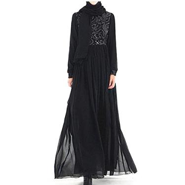 Imagem de 3FLQOOPP Vestido longo feminino bordado 3D roupas renda sem lenço Hijab (preto 1X)