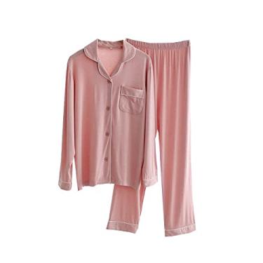 Imagem de HHHJQFAAT Conjunto de pijama feminino de manga comprida para dormir roupas femininas para casa plus size terno de duas peças para uso doméstico (rosa grande)