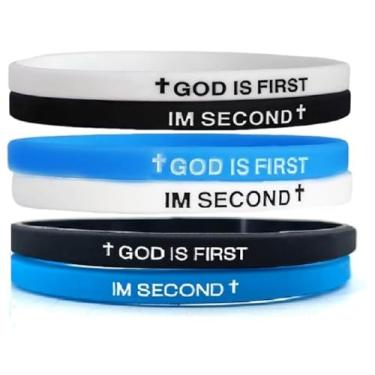 Imagem de KZL Pulseiras inspiradoras GOD IS FIRST IM SECOND Pulseiras de borracha de fé cristã para mulheres e homens gravadas versículos bíblicos cruz pulseira de silicone joias religiosas presentes, 4.8cm