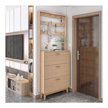 Imagem de Gabinete organizador de sapatos estreito para entrada com design 2 em 1, prateleira para casacos, suporte de cabideiro, suporte de sapato, organizador de armazenamento de sapatos com 3 prateleiras de