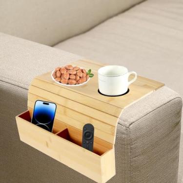 Imagem de Bandeja de braço de sofá de bambu com cesta dobrável para apoio de braço bandeja antiderrapante para sofá à prova de respingos bandeja organizadora de sofá de bambu para descanso de braço para sofá