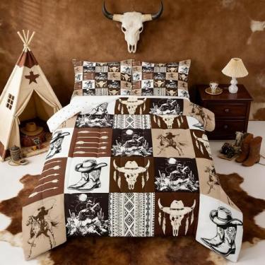 Imagem de Feelyou Conjunto de edredom retrô de caubói ocidental, tamanho casal, estampa de touro, caveira, cavalo, flecha, rústico, casa de fazenda, para decoração de quarto de crianças, meninos, meninas