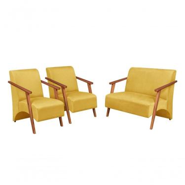 Imagem de Conjunto Venus Braços Em Madeira Maciça 1 Namoradeira 2 Poltronas Suede Unidecor Amarelo