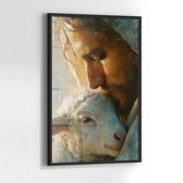 Imagem de Quadro com Moldura e Acrilico Cristal Vidro Jesus Ovelha para Sala, Qu