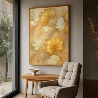 Imagem de Quadro com Moldura e Acrilico Cristal Vidro Folhagem Ouro para Sala, Q