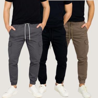 Imagem de Kit 3 Calças Cargo Jogger Masculina Cordão Streetwear Punho - Calça Jo