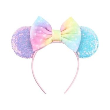 Imagem de Tiara Feminina Roxa E Rosa Da Minnie Com Orelhas De Lantejoulas E Laço
