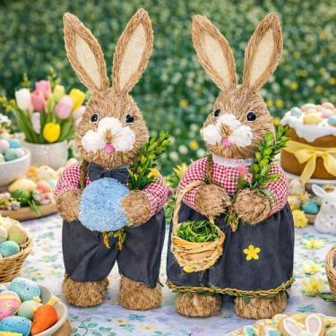 Imagem de Casal Coelho Decoração Enfeite Páscoa Palha Artesanal 55cm - Genérico,