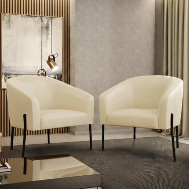 Imagem de Poltrona Sala Decorativa Kit 2 Stella Pé de Aço Preto Sintético PU Bege D03 - D'Rossi