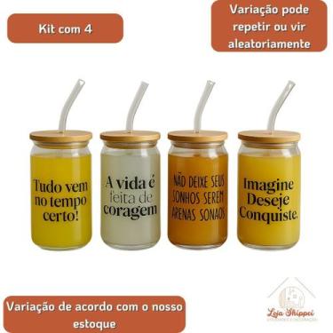 Imagem de Kit 10 Copos de Café com Tampa de Bambú C/ Canudo de Vidro 470ml Frase