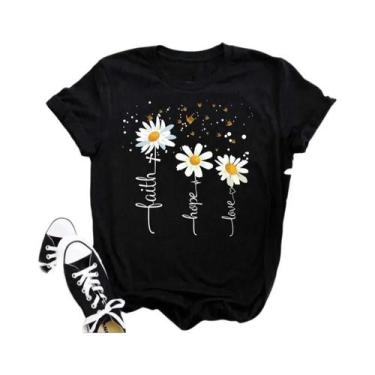 Imagem de Camiseta Feminina Preta Com Estampa De Borboleta E Girassol Kawaii, Co