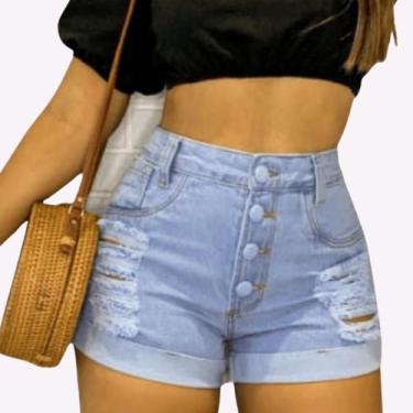 Imagem de Short Jeans Feminino Sem Lycra Fecho de Botão Cós Alto Barra Dobrada M
