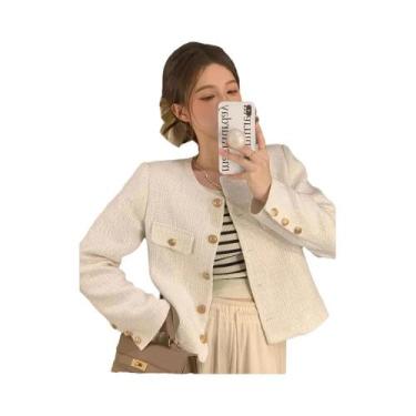 Imagem de Casaco Feminino De Lã Tweed Francês Com Botões Dourados, Ajuste Slim, 