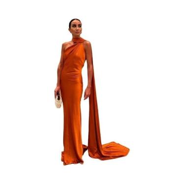 Imagem de Vestido Feminino Sexy De Cetim Com Decote Halter, Costas Nuas E Sem Ma