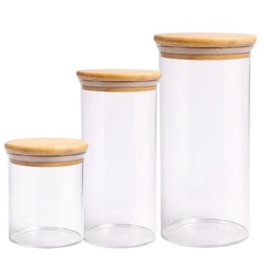 Imagem de Kit 3 Pote Hermético Vidro Com Tampa Bambu 650Ml 1,1L 1,4L - Original