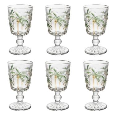 Imagem de Conjunto de Taças para Água Tropical Palm Hand Painting 310ML em Vidro para Mesa Transparente Verde e Amarelo Lyor