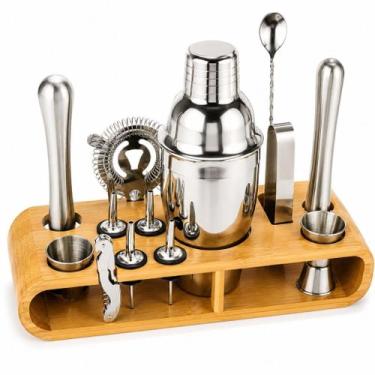 Imagem de Kit Bar Coqueteleira Inox 12 Peças 550ml com Suporte de Bambu Profissi
