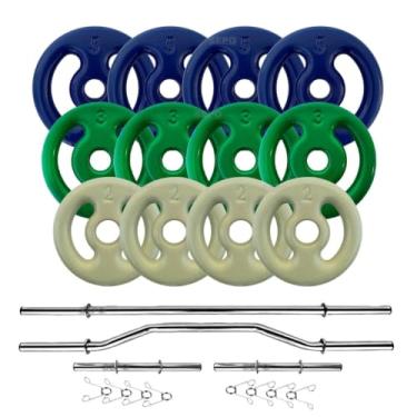 Imagem de Kit Anilhas Emborrachadas 40kg + 2 Barras 40cm + Barra 120 + Barra W