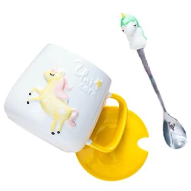Imagem de seelucky Caneca de balão de ar quente com tampa colher caneca 3D xícara de café cerâmica xícara de chá lua presente de aniversário escritório casa (amarelo unicórnio, 380 ml)