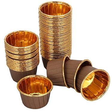Imagem de Copo para assar bolo, forro de cupcake de revestido, para confeitaria, padaria, festa de casamento(Trumpet 3830-Inside Gold e Outside Coffee)