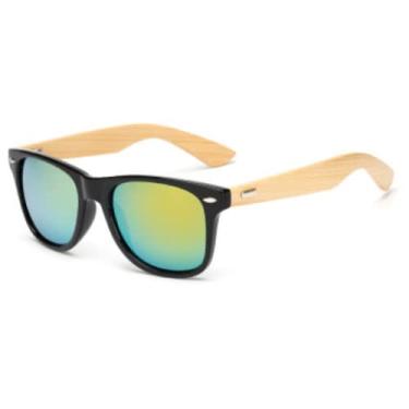 Imagem de Óculos De Sol Bambu Madeira Quadrado Masculino Feminino Proteção UV400 (Amarelo-Preto)