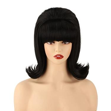 Imagem de Peruca Flip Feminina Coraline 70s Pin Up Pelucas 60s Retro Beehive Estilo Vintage Look Betty Rubble Peruca Traje de Halloween Peruca Feminina com Bang (Preto)… (Preto)