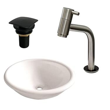 Imagem de Cuba Sobrepor Lume C Torneira Inox Curva Válvula Click Black Branco