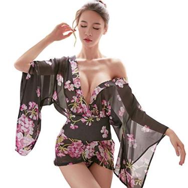 Imagem de SINGUYUN Lingerie feminina estilo quimono japonês, estampada, conjunto de lingerie para cosplay, sexy, Llt2213 preto, Free size