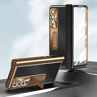 Imagem de Capa de filme de vidro de cobertura completa fashion para Samsung Galaxy Z Fold 4 Fold3 Fold4 Fold 3 Zfold4 S Pen Holder Capas de couro, ouro e preto, para Samsung Z Fold 3