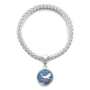 Imagem de DIYthinker Pulseira de prata com pingente redondo e corrente de joias com imagem do mar do pássaro branco oceano
