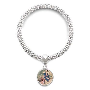 Imagem de DIYthinker Pulseira de prata com pingente redondo e pingente de folha branco azul rosa roupas