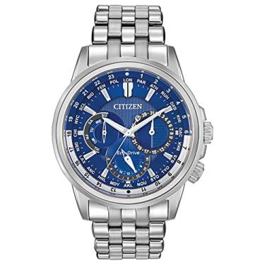 Imagem de Citizen Relógio clássico masculino Eco-Drive Calendrier, 12/24 horas, 3 ponteiros dia e data, cronógrafo, ponteiros luminosos, inoxidável/azul, Cronógrafo