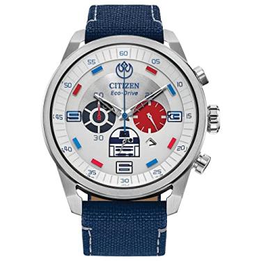Imagem de Citizen Relógio masculino Eco-Drive Star Wars R2-D2 cronógrafo de aço inoxidável com pulseira Cordura, mostrador prateado (modelo: CA4219-03W), Prateado, Cronógrafo