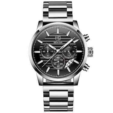 Imagem de Relógio masculino BENYAR de quartzo, à prova d’água, com cronógrafo, pulseira de couro com design esportivo e de negócios, Aço preto