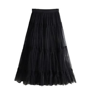 Imagem de Outono inverno moda doce tule saia feminina bonito a linha saias de malha feminino midi longo saia plissada (preto tamanho único)