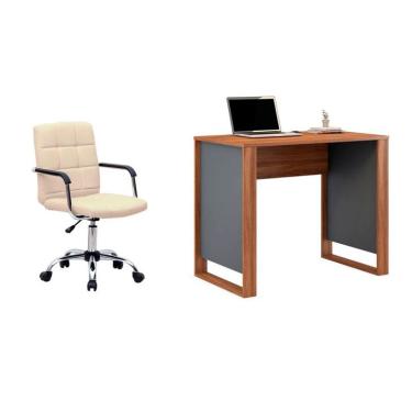 Imagem de Conjunto de Mesa Morada Amendola e Grafito com Cadeira de Escritório Secretária Giratória Fitz Bege
