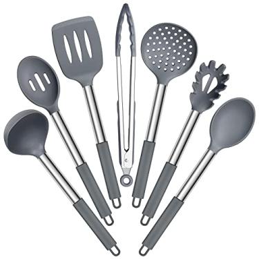 Imagem de E-far Conjunto de utensílios de cozinha de silicone, 7 peças de utensílios de cozinha resistentes ao calor com cabo de aço inoxidável, espátula com fenda, colher, concha de sopa, servidor de massa, escumadeira, pinças para panelas antiaderentes, cinza