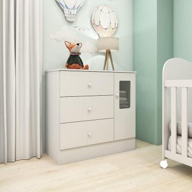 Imagem de Cômoda Infantil 1 Porta com Janela Retangulo e 3 Gavetas 100% MDF Cocada Branco Brilho
