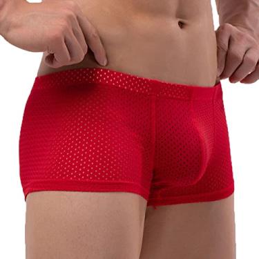 Imagem de Cuecas boxer masculinas respiráveis ​​transparentes cuecas de malha transparente cuecas macias lingerie Correia Atlética Esticar Bolsa Perna longa com lingerie camiseta B48-Vermelho X-Large