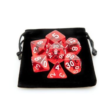 Imagem de Kit 7 Dados RPG de Mesa Translucido Acrilico Conjunto D4 D6 D8 D10 D10% D12 D20 Cor VERMELHO + 1 Dice Bag