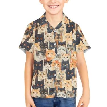 Imagem de Camisas havaianas de botão para crianças tropicais manga curta camiseta unissex praia verão camisetas Aloha para 3-16 anos, Estampa de gato, 15-16 Years