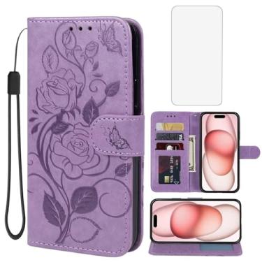 Imagem de Vavies Capa para iPhone 15 de 6,1 polegadas, capa carteira para Apple 15 com protetor de tela de vidro temperado, capa de couro floral com suporte para cartão de crédito para iPhone 15 roxa