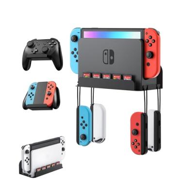 Imagem de ZAONOOL Suporte de parede para Nintendo Switch e Switch OLED com 2 suportes de parede de controle, kit de suporte de parede de metal com 5 cartões de jogo e 4 prateleiras JoyCon, guarde com segurança o console perto ou atrás da TV, preto